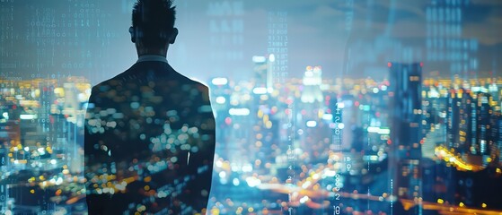 Wall Mural - reflection of a man and a cityscape at night with double exposure with nice depth and beautiful panorama