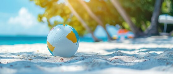 Wall Mural - wallpaper with a inflatable beach ball on the sand, beautiful vacation background 
