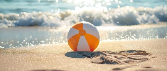 Wall Mural - wallpaper with a inflatable beach ball on the sand, beautiful vacation background 