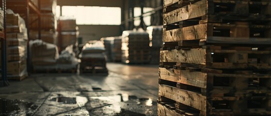 Pallets of goods in sharp focus, a blurred warehouse background bathed in noon light, captured in a close-up, technology-inspired style.