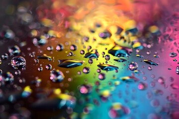 Wall Mural - Water drops on a metallic surface, reflecting a rainbow of colors