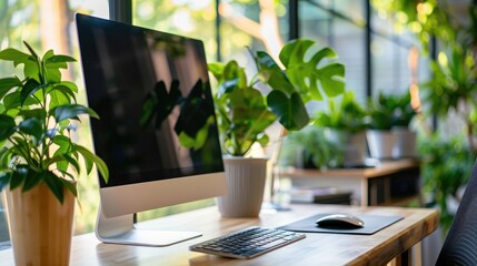 Poster - Modern workspace with a desktop computer and plant, providing an open area on the desk for text