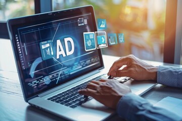Merchants use laptops to display ads on a glass screen on a virtual transparent background. Digital marketing is the concept of selling on the Internet