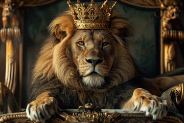 Poster - Lion king wearing a crown seated on the throne, embodying majesty and royal power