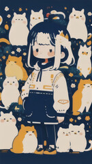 Canvas Print - Anime girl is standing in front of a bunch of cats. Cute chibi cat pattern style.