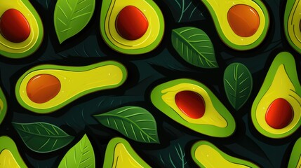 Vibrant and abstract avocado pattern with fresh and colorful sliced avocados. Perfect for banners and wallpapers, trendy exotic touch to any design. Ideal for diet, vegan, or healthy lifestyles