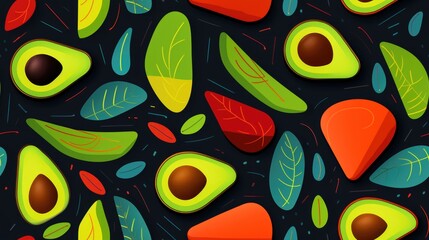 Vibrant and abstract avocado pattern with fresh and colorful sliced avocados. Perfect for banners and wallpapers, trendy exotic touch to any design. Ideal for diet, vegan, or healthy lifestyles