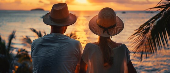 A hat-adorned woman and man sweetheart overlook a calm sea in a lush tropical setting. The wide shot captures the serene vibe, bathed in the warm glow of golden hour light.