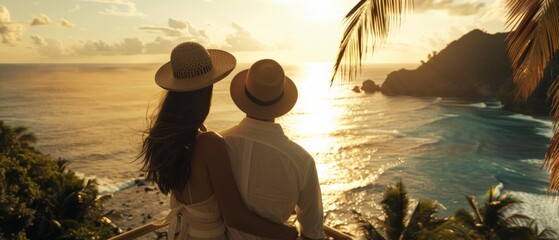 A hat-adorned woman and man sweetheart overlook a calm sea in a lush tropical setting. The wide shot captures the serene vibe, bathed in the warm glow of golden hour light.