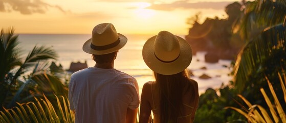 A hat-adorned woman and man sweetheart overlook a calm sea in a lush tropical setting. The wide shot captures the serene vibe, bathed in the warm glow of golden hour light.