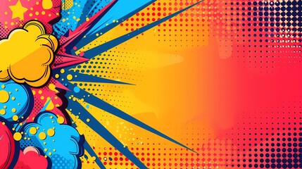 Poster - Vibrant pop art background with bold colors and geometric patterns, leaving ample space on the left for text. Bright and lively, featuring comic-style elements and halftone dots