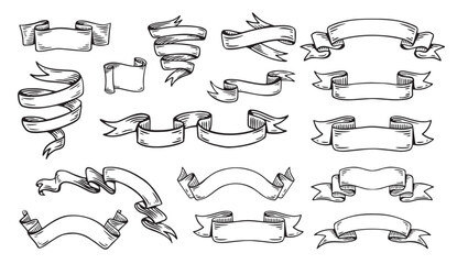 hand drawn ribbons vintage set. doodle style black color sketch. isolated elements.