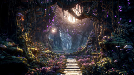 Wooden path in the mystical thickets of a very unusual fantasy forest