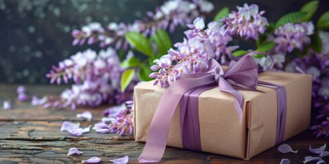 Canvas Print - A gift box with purple flowers and ribbon on a wooden table. Generative AI.