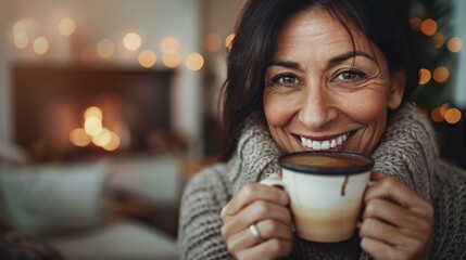 Poster - A woman smiling while holding a cup of coffee. Generative AI.