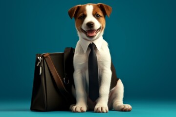 Wall Mural - A small dog wearing a tie and sitting next to his bag. AI.