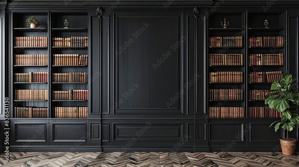 Classic Black Library Shelves with Books and Decorations, Displaying a ...