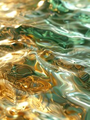 Wall Mural - A close up of a shiny surface with gold and green colors. AI.