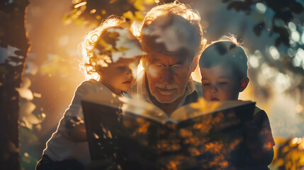 Grandparent telling stories to grandchildren close up, focus on, copy space Soft and loving hues Double exposure silhouette with open book.