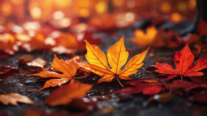 Wall Mural - Vibrant autumn leaves on wet surface close-up view of fall season