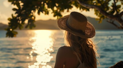 Wall Mural - A young woman, adorned with a hat, overlooks a calm sea in a lush tropical setting. The wide shot captures the serene vibe, bathed in the warm glow of golden hour light.