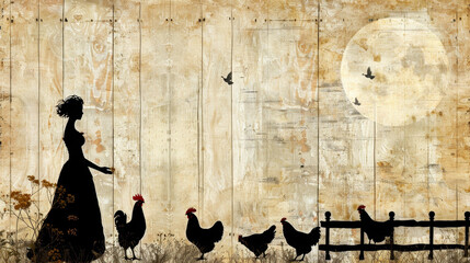 Detailed artwork of an elegant woman feeding chickens in a rustic barnyard with grace and gentleness.