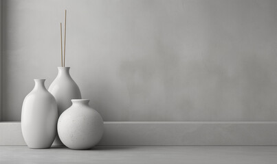 3d rendering, Minimalist gray background for product photography with just one object as the highlight. A ceramic vase placed on a shelf in front of a grey wall