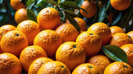 Wall Mural - Pile of orange fruit and leaves background