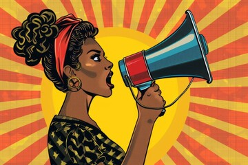 Wall Mural - African-American / black Woman with megaphone pop art retro vector for protest , activism , empowerment , speech ,demonstration