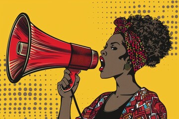 African-American / black Woman with megaphone pop art retro vector for protest , activism , empowerment , speech ,demonstration