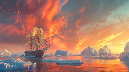 Lonely ship navigating through icebergs at sunset with vibrant sky