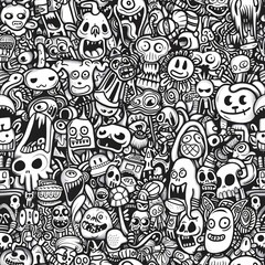 Poster - An intricate seamless pattern showcasing doodle drawings of everyday objects, fantasy creatures, and whimsical patterns artistically arranged for a cohesive layout