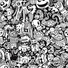 Poster - An intricate seamless pattern showcasing doodle drawings of everyday objects, fantasy creatures, and whimsical patterns artistically arranged for a cohesive layout