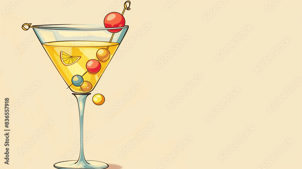 A whimsical cartoon illustration of a martini glass with animated ...