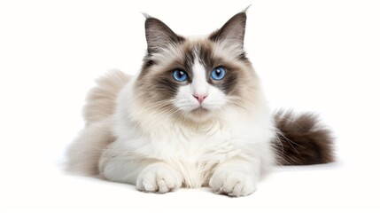 Siamese cat with a cream and brown coloration, blue eyes, and a long, fluffy coat. The cat is lying down on a white background, looking directly at the camera