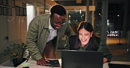 Fototapete - Night, office and business people with laptop for fist bump, celebration and creative project success. Startup, goals and website design team with hands together for winning, mission or sale target