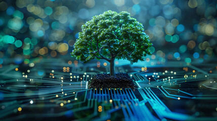 Wall Mural - Technology trees growing on network lines, green energy network ecology concept illustration