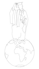 Poster - One continuous line of Graduati man with Earth Globe. Thin Line Illustration vector concept. Contour Drawing Creative ideas.