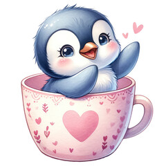 Wall Mural - Penguin flapping wings in pink cup with heart for Valentine's Day clipart on transparent background
