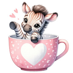 Wall Mural - Zebra waving in pink cup with heart for Valentine's Day clipart on transparent background