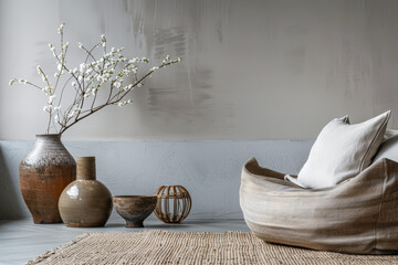 Wall Mural - Minimalist zen interior design in beige with natural elements and light. Relaxing interiors, meditation room concept.