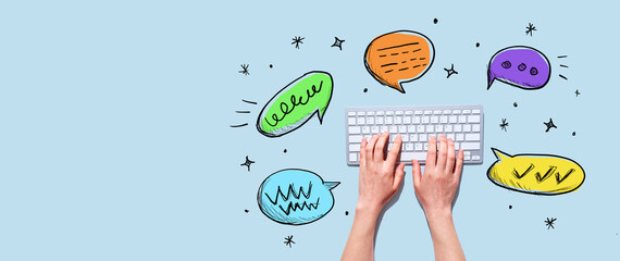 Wall Mural - Speech bubbles and a computer keyboard - Photo collage