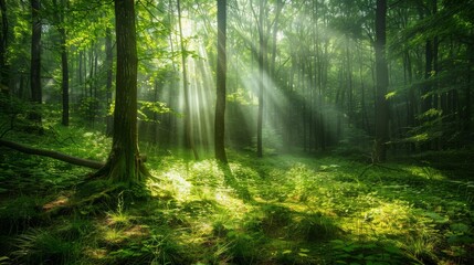  Lush green forest scene with dappled sunlight. Ideal for nature photography, wallpapers, and relaxation resources.