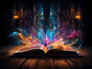 Wall Mural - Gorgious Opened magic book realistic image with bright sparkling light rays