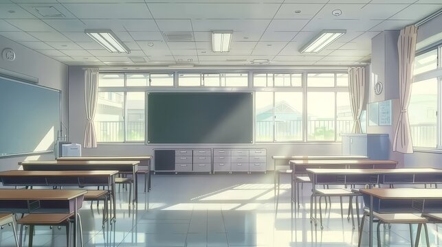 Anime background concept of a school classroom view
