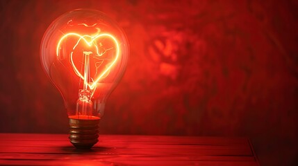 Wall Mural - Radiant heart-shaped filament glowing within a light bulb, red backdrop.