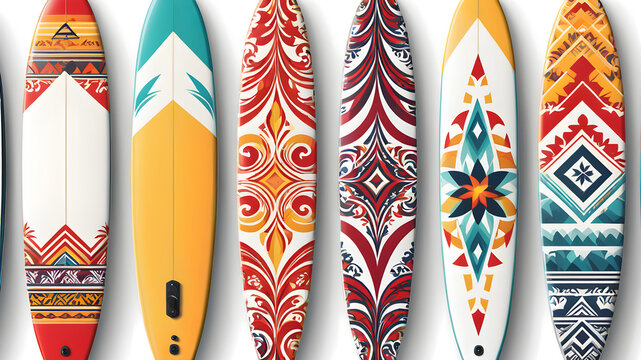Surfboards on a white background. Types of surfboards with a pattern. illustration Generative AI