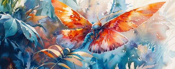 Design a watercolor painting capturing a mutant insect with bird wings from a high angle perspective, hovering over a lush exotic garden