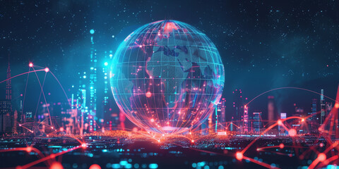 Poster - Digital globe with glowing connections on dark background, symbolizing global network and connectivity in technology or digital marketing concept.