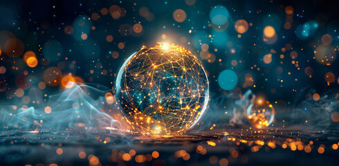 Poster - Digital globe with glowing connections on dark background, symbolizing global network and connectivity in technology or digital marketing concept.